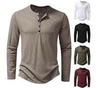 Henley Camicie da uomo Slim Fit T-shirt a maniche lunghe con bottoni a quarto camicia casual in cotone pullover top camicetta 2025, cachi, M