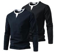 Henley - Maglia da uomo a maniche lunghe con scollo a V, per il tempo libero, Bk+NY, L