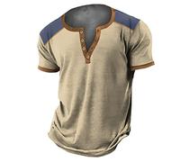 Henley - Maglietta da uomo a maniche corte, slim fit, da uomo, con scollo a V, vintage, con bottoni, alla moda, casual, con blocco colorato, leggera, traspirante, per l'estate, cachi, L