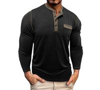 Henley - Maglietta da uomo a maniche lunghe con scollo rotondo, con tasca sul petto, traspirante, traspirante, per la palestra, casual, per tutti i giorni, Nero , L