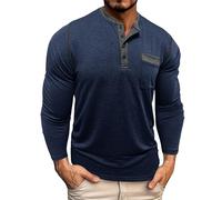 Henley - Maglietta da uomo a maniche lunghe con scollo rotondo, con tasca sul petto, traspirante, traspirante, per la palestra, casual, per tutti i giorni, Blu scuro, S