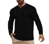 Henley - Maglietta da uomo a maniche lunghe, leggera, traspirante, per il tempo libero, vintage, a maniche lunghe, con tasca sul petto, non a maniche lunghe, casual, per uomini, Nero , L
