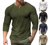 Henley, maglietta da uomo per bodybuilding, palestra, muscoli, maniche lunghe, con bottoni, camicetta casual slim fit top da allenamento, Bianco, M