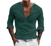 Henley - Maglietta estiva da uomo, a maniche lunghe, con bottoni singoli, scollo a V, tessuto leggero, maglietta casual per un comfort durante la stagione calda, Verde, XL