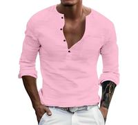 Henley - Maglietta estiva da uomo, a maniche lunghe, con bottoni singoli, scollo a V, tessuto leggero, maglietta casual per un comfort durante la stagione calda, rosa, XXL