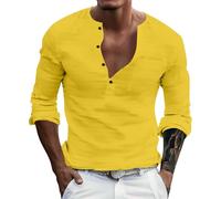 Henley - Maglietta estiva da uomo, a maniche lunghe, con bottoni singoli, scollo a V, tessuto leggero, maglietta casual per un comfort durante la stagione calda, Giallo, XL