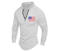 Henley Magliette da uomo a pieghe a maniche lunghe con bandiera degli Stati Uniti con cerniera 1/4, camicette grafiche, camicie Henley bianche a maniche corte, da uomo, L