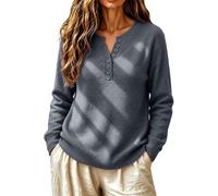 Henley maglione da donna con bottoni, a maniche lunghe, stile casual | Elegante pullover a coste con scollo a V diviso in maglia calda allentata tinta unita top tunica
