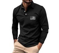 Henley, polo da uomo a maniche lunghe, alla moda, con risvolto, per lavoro, lavoro, vacanze, passeggiate all'aperto, Nero , XL