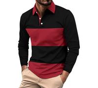 Henley, polo da uomo a maniche lunghe, alla moda, con risvolto, per lavoro, lavoro, vacanze, passeggiate all'aperto, Rosso, XXL