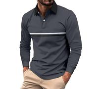 Henley, polo da uomo a maniche lunghe, alla moda e casual, con risvolto a righe colorate, a maniche lunghe, per lavoro, vacanze, passeggiate all'aperto, Grigio, M