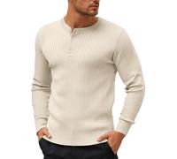 Henley Shirts Camicia da uomo a coste, lavorata a maglia con bottoni, colore puro, leggera, sottile, morbida, piacevole e calda maglia a treccia, beige., M
