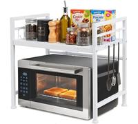 Henmeili Mensola Microonde Estensibile 40-65 cm, Regolabile Due Livelli Microonde Scaffale, Acciaio Carbonio Ripiano Contatore Cucina Organizzatore Ripiani, 6 Ganci, Carico Pesante 60lbs (Bianco)