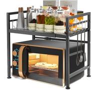 Henmeili Mensola Microonde Estensibile 40-65 cm, Regolabile Due Livelli Microonde Scaffale, Acciaio Carbonio Ripiano Contatore Cucina Organizzatore Ripiani, 6 Ganci, Carico Pesante 60lbs (Nero)