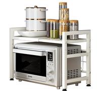 Henmeili Mensola Microonde Estensibile 40-65 cm, Regolabile Due Livelli Microonde Scaffale, Acciaio Carbonio Ripiano Contatore Cucina Organizzatore Ripiani, 6 Ganci, Carico Pesante 60lbs (Bianco)