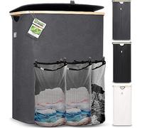 HENNEZ - Cesto Portabiancheria con Coperchio Grigio 150L - 3 Scomparti - Cesta per Panni Sporchi in vimini - Cesta Porta Biancheria Sporca per Bagno - Cesto Portabiancheria Salvaspazio