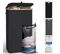 HENNEZ Cesto Portabiancheria con Coperchio Nero 100L - Cestino per Panni Sporchi in Vimini - Paniere porta Biancheria Sporca per Bagno - Cesta Portabiancheria Salvaspazio