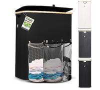 HENNEZ - Cesto Portabiancheria con Coperchio Nero 150L - 3 Scomparti - Cesta per Panni Sporchi in vimini - Cesta Porta Biancheria Sporca per Bagno - Cesto Portabiancheria Salvaspazio