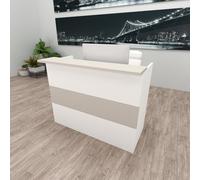 Henor Bancone Reception Ebro. 110 x 60/75 x 110 cm. Legno Con tavolo interno. Ideale per ufficio, reception, attenzione, commercio. Bianco Opaco e Quercia Stel