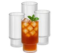 Henrrida 4 bicchieri da caffè freddo, in vetro trasparente retrò, 325 ml, riutilizzabili, adatti per whisky, birra, matcha, succhi di latte ghiacciato, cocktail