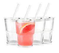 Henrrida Striped Glass Cup 4 pezzi 13,5 Oz Iced Caffè, bicchieri con coperchio e cannuccia, design Airtight Waterproof adatto per caffè, matcha, acqua, bevande, tè al latte 400 ml