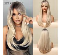 HENRY MARGU Ombre marrone biondo platino parrucca lunga diritta parrucca sintetica Lolita quotidiana naturale con frangia per le donne resistente al calore LC259-1