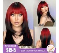 HENRY MARGU Ombre parrucche sintetiche da rosso a nero con frangia parrucca lunga dritta a strati capelli colorati resistenti al calore per le donne