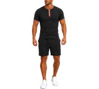 Henry - Tuta da uomo a maniche corte con bottoni, con colletto e bottoni, tuta da ginnastica da uomo, con elastico in vita, comodi e delicati sulla pelle, per palestra, corsa, jogging, allenamento di