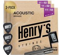 Henry's Strings 3 corde per chitarra occidentale medie, 11-52, qualità del suono brillante, corde per chitarra western e 3 plettri extra E1