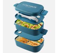 HENSHOW Lunch Box 2 Strati, Porta Pranzo con 4 Scomparti, 1500ML Scatole Bento Box Include Forchetta e Cucchiaio, Sicuro Per Microonde, Contenitore Pranzo Impilabile per Ufficio (Blu)