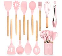 HENSHOW Set Utensili da Cucina, 12 Pezzi in Silicone Include Porta Utensili - Antiaderente AntiGraffio con Manico in Legno (Colore Rosa)