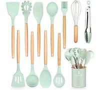 HENSHOW Set Utensili da Cucina in Silicone, 12 Pezzi Con Porta Utensili - Antiaderente AntiGraffio Con Manico in Legno (Verde)