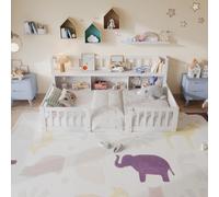 Henunem Letto a Pavimento 90 x 200 con barriera di sicurezza e rete a doghe, letto per bambini 90 x 200 cm con libreria, telaio di letti Montessori al pavimento in legno massiccio pino, bianco