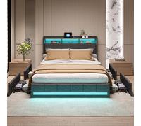 Henunem Letto matrimoniale 140 x 200 con rete LED e USB, letto imbottito con 4 cassetti, in metallo, multipresa, testiera imbottita regolabile, non c'è bisogno di sommie,lino (grigio -101, 140 x 200