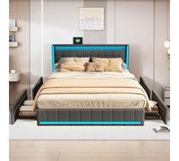 Henunem Letto matrimoniale 160 x 200 con rete LED e USB, letto imbottito con 4 cassetti, in metallo, multipresa, testiera imbottita regolabile, non c'è bisogno di sommie,lino