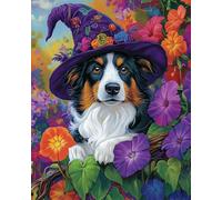 Henypt 11Ct Kit Punto A Croce Timbrato, Border Collie Che Indossa Un Cappello Da Strega Ricamo Prestampato Forniture A Punto Croce Con Motivo,Cross Stitch Embroidery Starter Kit Per Principianti