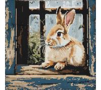 Henypt 9CT Kit Punto Croce Per Cuscino Coniglio Vicino Alla Finestra Animale Prestampato Cuscino Da Tiro Fai Da Te Ricamato Kit Per Ricamo Completi Decorativo Casa Per Principianti Adulti 50x50cm