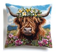 Henypt Cuscino Con Ricamo A Punto Croce Mucca Delle Highlands In Piedi In Un Mare Di Fiori Kit Punto Croce Prestampato 45X45Cm Prestampato Cuscino Da Tiro Fai Da Te Ricamato Kit Per Ricamo Completi