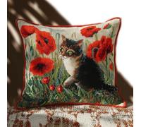 Henypt Cuscino Da Ricamare Punto Croce Kit Punto Croce Da Ricamare Un Gatto Tra I Papaveri 45X45Cm Cuscino Ricamato A Mano Con Set Fai Te Per Adulti Principianti Per Arredamento Casa