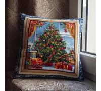 Henypt Cuscino Per Punto Croce Kit Da Ricamare Finestra Dell'Albero Di Natale 45X45Cm Prestampato Set Fai Da Te Con Ago E Filo Ricamo Federa Cuscino Prestampata