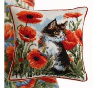 Henypt Cuscino Per Punto Croce Kit Da Ricamare Un Gatto Tra I Papaveri 45X45Cm Prestampato Set Fai Da Te Con Ago E Filo Ricamo Federa Cuscino Prestampata