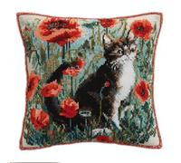 Henypt Cuscino Punto Croce Da Ricamare Punto Croce Kit Ricamare Un Gatto Tra I Papaveri 45X45Cm Cuscino Ricamato A Mano Con Set Fai Da Te Per Adulti Principianti Per Arredamento Casa