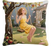 Henypt Kit cuscino con gancio di chiusura ragazza sull'altalena gancio di chiusura Cuscino fatto a mano Kit di chiusura con ricamo in filato all'uncinetto Federa 43x43cm