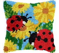 Henypt Kit Latch Hook Cuscino Con Fiori Gialli E Coccinelle Kit Gancio Di Chiusura Tappeto Ca. 43 X 43 Cm Set Ricamo Principianti Casa Decorazioni Attività Creative Adulti Hobby Gobelin C