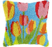 Henypt Kit Latch Hook Cuscino Tulipani Gialli Kit Gancio Di Chiusura Tappeto Ca. 43X43 Cm Set Ricamo Principianti Casa Decorazioni Attività Creative Adulti Hobby Gobelin Cuscino