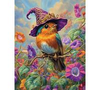 Henypt Kit Punto Croce Paesaggio Pettirosso Colorato Che Indossa Un Cappello Da Strega Decorato Schemi Quadri Set Ricamo Punto Croce Kit Da Ricamare Principianti Starter Prestampato Stampato Comple