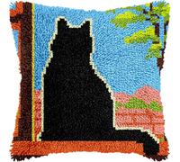 Henypt Latch Hook Cuscini Piccoli, Gatto Nero Vicino Alla Finestra Set Di Fodere Per Cuscini,Fai Da Te Creativo, Kit Per Fabbricare Tappeti A Punto Croce,Gancio Di Chiusura Kit Motivo Col