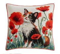 Henypt Punto Croce Kit Da Ricamare Cuscini Kit Per Punto Croce Con Fili Aghi E Tela Un Gatto Tra I Papaveri 45X45Cm Prestampato Set Per Cuscino Cuscino Fai Te Con Ago Ricamo E Filo Da Ric Pillow Cr