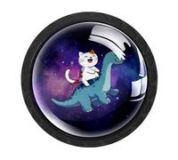 HEOEH Confezione da 4 pomelli neri per armadietti, pomelli per cassetti con dinosauro e galassia, con viti di 2 dimensioni, foro singolo rotondo per cucina, comò, armadio, cassettiera, mobili