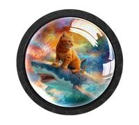 HEOEH Confezione da 4 pomelli neri per armadietti, pomelli per cassetti con gatto che cavalca squalo galassia, con viti di 2 dimensioni, foro singolo rotondo per cucina, comò, armadio, cassettiera